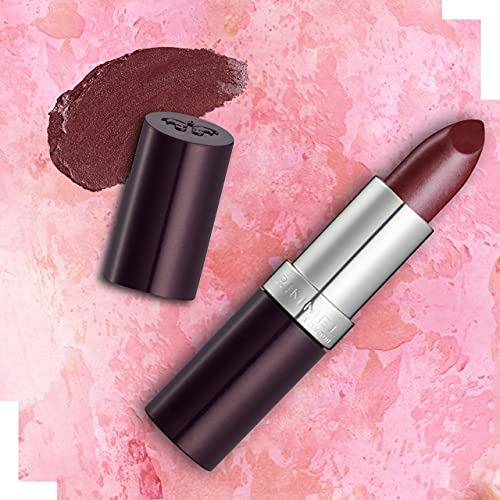 Rimmel London Lasting Finish Lipstick in deep plum shimmer, shown uncapped with a creamy bullet and dark purple casing