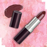 Rimmel London Lasting Finish Lipstick in deep plum shimmer, shown uncapped with a creamy bullet and dark purple casing