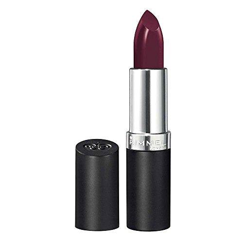 Rimmel London Lasting Finish Lipstick in deep plum shimmer, with a creamy bullet and silver-and-black tube.