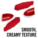 Rimmel London Lasting Finish Lipstick with deep red color swatches and smooth, creamy texture shown in bold lettering