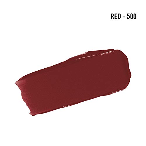 Rimmel London Lasting Finish Lipstick shown as a deep red, creamy swatch with a smooth, glossy finish