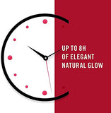 Rimmel London Lasting Finish Lipstick campaign graphic showing a clock and the claim “up to 8h of elegant natural glow”