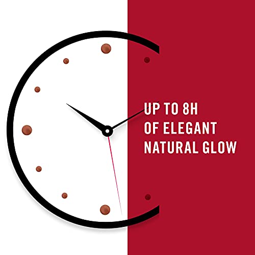 Rimmel London Lasting Finish Lipstick packaging graphic with a bold black clock and text claiming up to 8 hours of natural glow