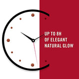 Rimmel London Lasting Finish Lipstick packaging graphic with a bold black clock and text claiming up to 8 hours of natural glow