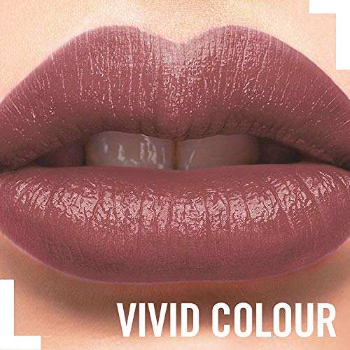 Rimmel London Lasting Finish Lipstick in a glossy mauve-rose shade, shown on lips with a creamy, vivid finish