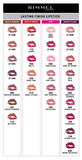 Rimmel London Lasting Finish Lipstick shade chart showing heather shimmer 66 swatched in muted rose alongside other colors