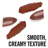 Rimmel London Lasting Finish Lipstick with mauve-brown lipstick tips and rich reddish-brown swatches, showing a smooth, creamy texture