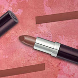 Rimmel London Lasting Finish Lipstick in a muted mauve-brown shimmer shade, with a silver and deep plum tube