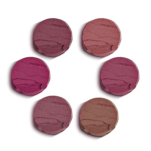 Rimmel London Lasting Finish Lipstick shades shown as six round mauve, pink, and brown swatches with creamy shimmer