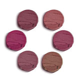 Rimmel London Lasting Finish Lipstick shades shown as six round mauve, pink, and brown swatches with creamy shimmer