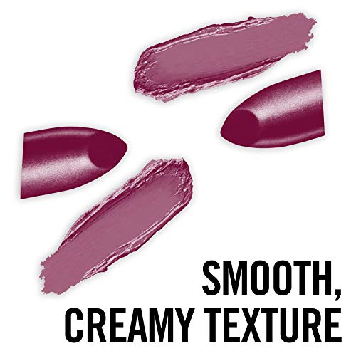 Rimmel London Lasting Finish Lipstick in mauve plum with a smooth, creamy texture and matching lipstick swatches