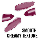 Rimmel London Lasting Finish Lipstick in mauve plum with a smooth, creamy texture and matching lipstick swatches