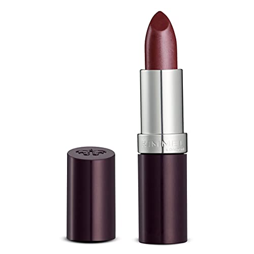 Rimmel London Lasting Finish Lipstick in mauve-plum shimmer, with a creamy bullet and deep plum casing