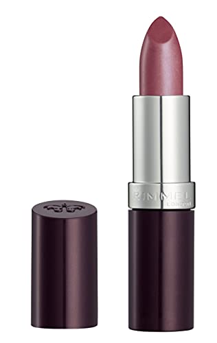 Rimmel London Lasting Finish Lipstick in a muted mauve rose shade with a subtle shimmer and deep plum casing