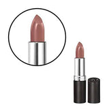 Rimmel London Lasting Finish Lipstick in muted mauve pink with a subtle shimmer, shown in a black and silver tube