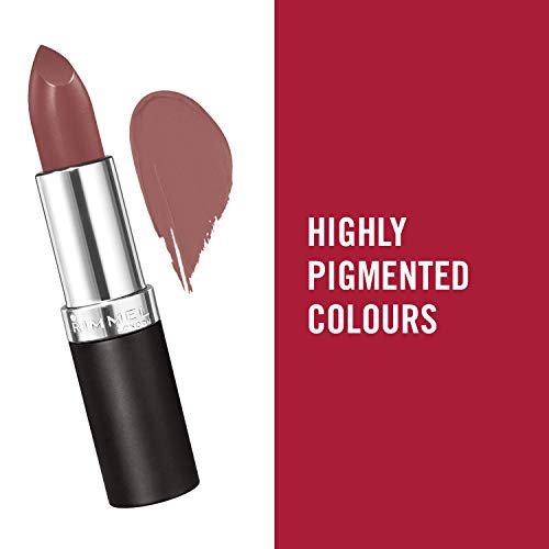 Rimmel London Lasting Finish Lipstick with a muted mauve-brown shimmery bullet, silver collar and black tube beside a colour swatch