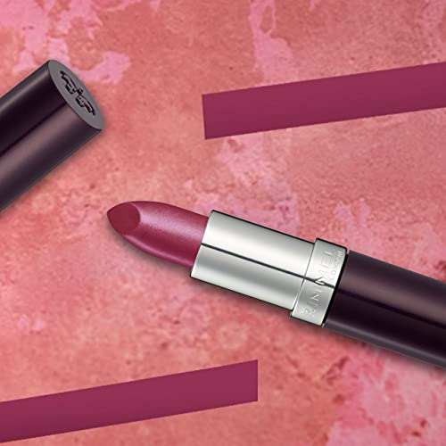 Rimmel London Lasting Finish Lipstick with a metallic plum case and exposed rosy mauve bullet with a satin sheen