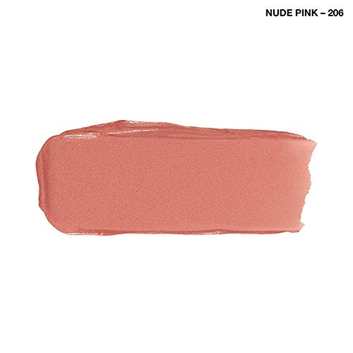 Rimmel London Lasting Finish Lipstick shown as a smooth nude pink 206 swatch with a creamy, subtly shimmery finish