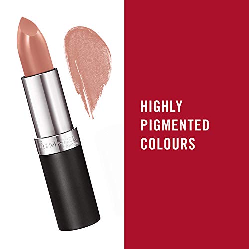 Rimmel London Lasting Finish Lipstick in a nude rose shimmer shade, shown in a black and silver tube beside a swatch