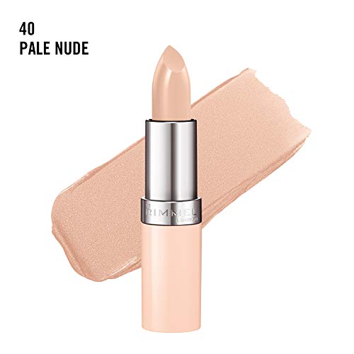 Rimmel London Lasting Finish Lipstick in pale nude, with a creamy peach-beige bullet and matching shimmery swatch