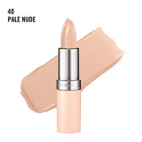 Rimmel London Lasting Finish Lipstick in pale nude, with a creamy peach-beige bullet and matching shimmery swatch