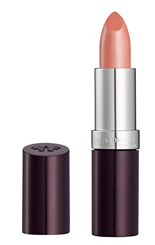 Rimmel London Lasting Finish Lipstick in a peachy pink shimmer shade, with a creamy bullet and deep plum case