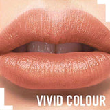 Rimmel London Lasting Finish Lipstick shown on lips in a glossy peachy rose shade with subtle shimmer