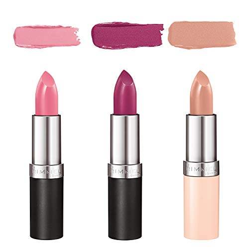 Rimmel London Lasting Finish Lipstick trio in pink, berry and nude shades, with creamy color swatches and black-and-silver tubes