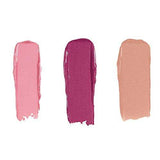 Rimmel London Lasting Finish Lipstick swatches in pink, shimmering berry plum and peach nude shades with creamy coverage