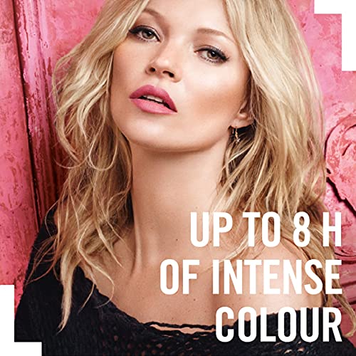 Rimmel London Lasting Finish Lipstick campaign showing a blonde model with pink lips and text promising up to 8 hours of intense colour