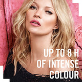 Rimmel London Lasting Finish Lipstick campaign showing a blonde model with pink lips and text promising up to 8 hours of intense colour
