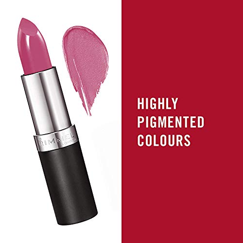 Rimmel London Lasting Finish Lipstick in a pink mauve shimmer shade, with black and silver casing and a swatch