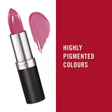 Rimmel London Lasting Finish Lipstick in a pink mauve shimmer shade, with black and silver casing and a swatch