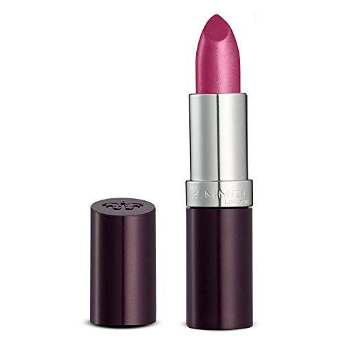 Rimmel London Lasting Finish Lipstick in a vivid pink-purple shimmer shade, with a silver tube and deep plum cap.