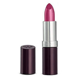 Rimmel London Lasting Finish Lipstick in a vivid pink-purple shimmer shade, with a silver tube and deep plum cap.