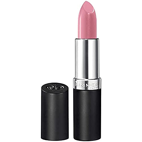 Rimmel London Lasting Finish Lipstick in pink shimmer, with a creamy bullet and black-and-silver tube