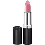 Rimmel London Lasting Finish Lipstick in pink shimmer, with a creamy bullet and black-and-silver tube
