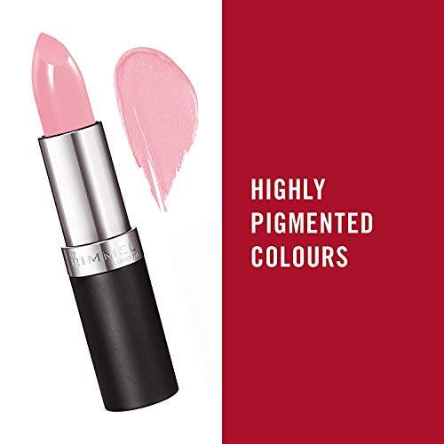 Rimmel London Lasting Finish Lipstick with a pink shimmery bullet, silver and black case, and pink swatch