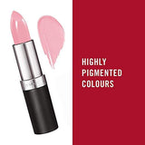 Rimmel London Lasting Finish Lipstick with a pink shimmery bullet, silver and black case, and pink swatch