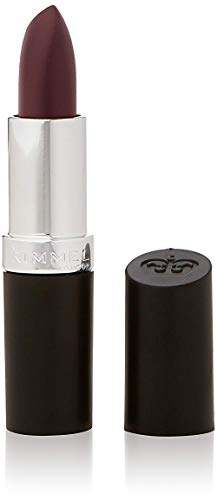 Rimmel London Lasting Finish Lipstick with a deep plum-brown bullet, silver collar and black casing, shown uncapped