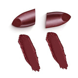 Rimmel London Lasting Finish Lipstick in deep plum Heather Shimmer, shown as two lipstick bullet sections and matching swatches