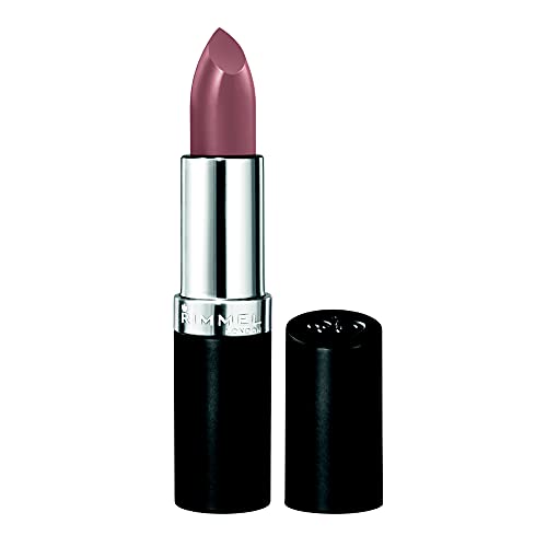 Rimmel London Lasting Finish Lipstick in muted plum shimmer, with a glossy silver collar and black tube casing.