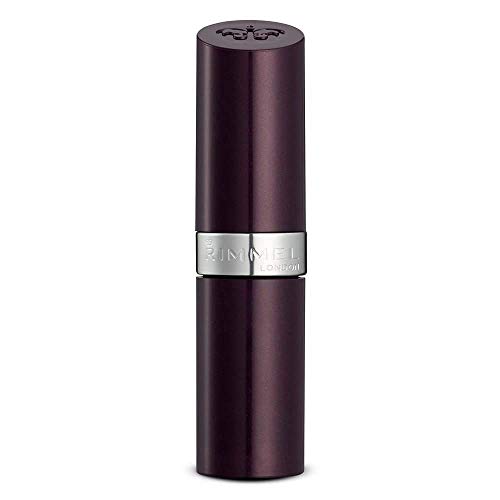 Rimmel London Lasting Finish Lipstick in a deep plum tube with a silver Rimmel band and embossed cap