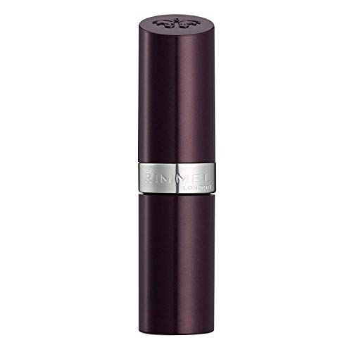 Rimmel London Lasting Finish Lipstick in a deep plum cylindrical tube with a silver branded band and shimmer shade 66.