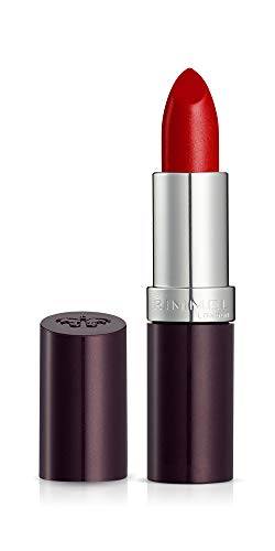Rimmel London Lasting Finish Lipstick in deep red shimmer, with a creamy bullet and dark plum metallic tube