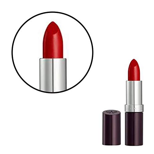 Rimmel London Lasting Finish Lipstick with vivid red bullet, silver inner tube and deep plum casing shown uncapped