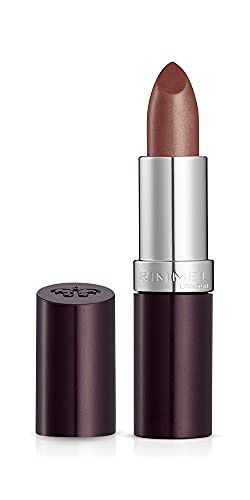 Rimmel London Lasting Finish Lipstick in a muted rose-brown shimmer shade, with a metallic silver collar and deep plum case