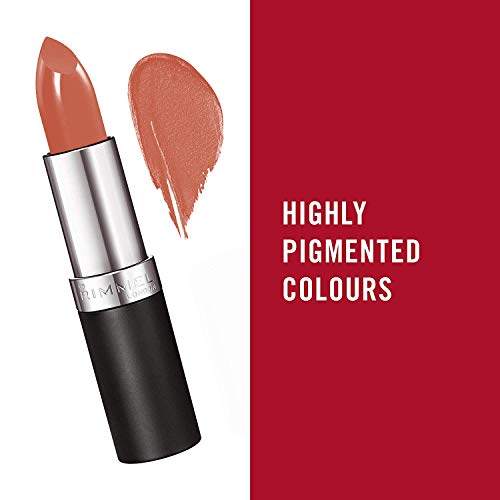 Rimmel London Lasting Finish Lipstick in a warm rose-brown shimmer shade, shown in a black and silver tube beside a swatch