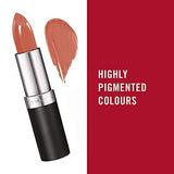 Rimmel London Lasting Finish Lipstick in a warm rose-brown shimmer shade, shown in a black and silver tube beside a swatch