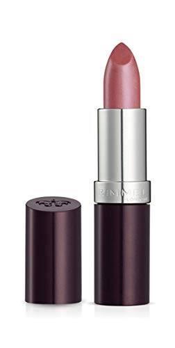 Rimmel London Lasting Finish Lipstick in muted rose Heather Shimmer, with a metallic silver collar and deep plum tube.